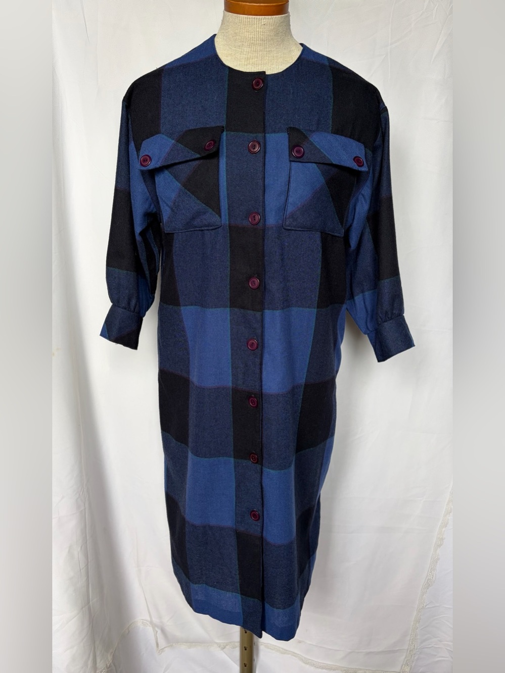 1980s Wool Flannel Plaid Dress